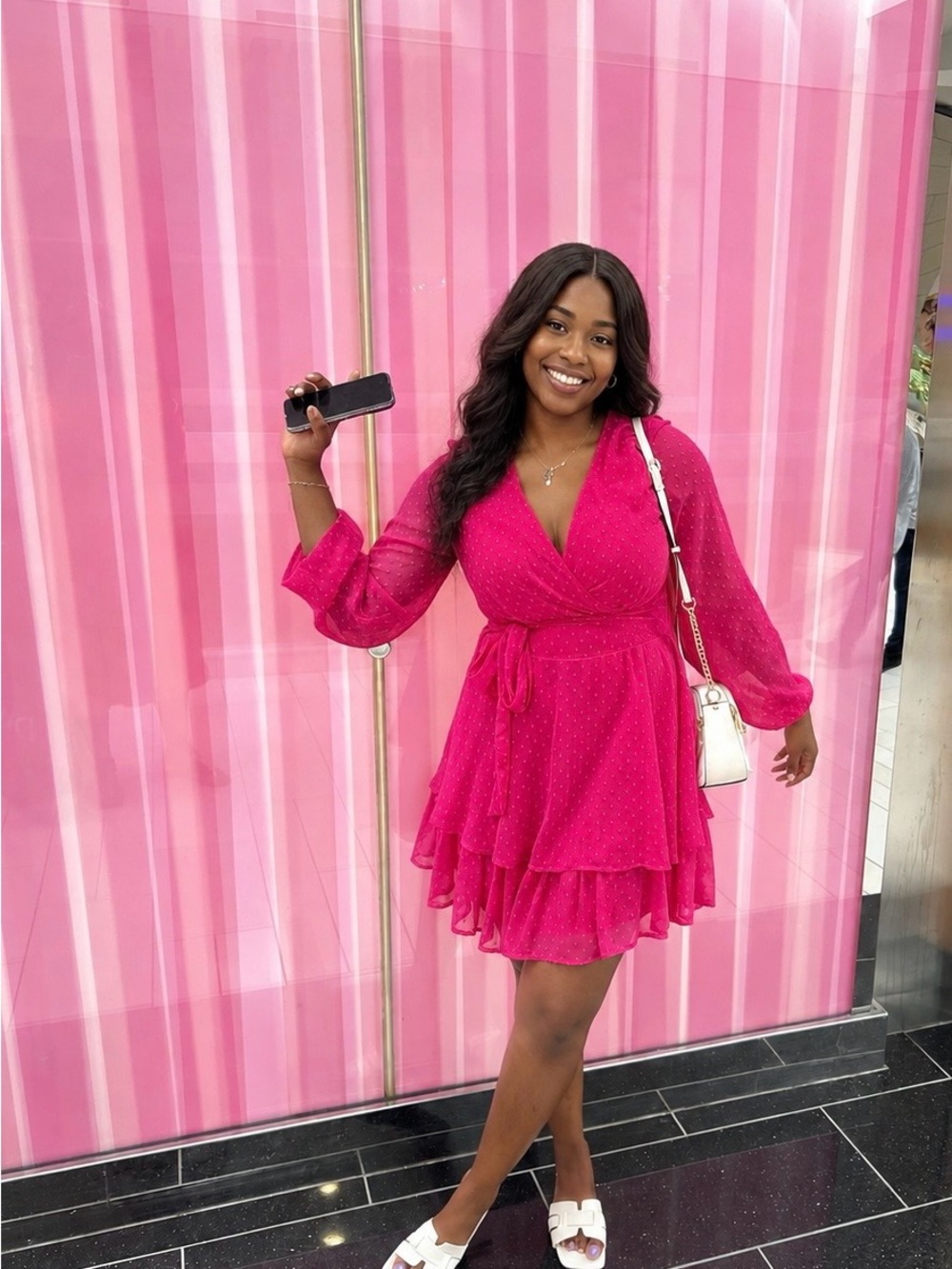 Flattering Fuchsia Wrap Ruffle Mini Dress with Tie Waist